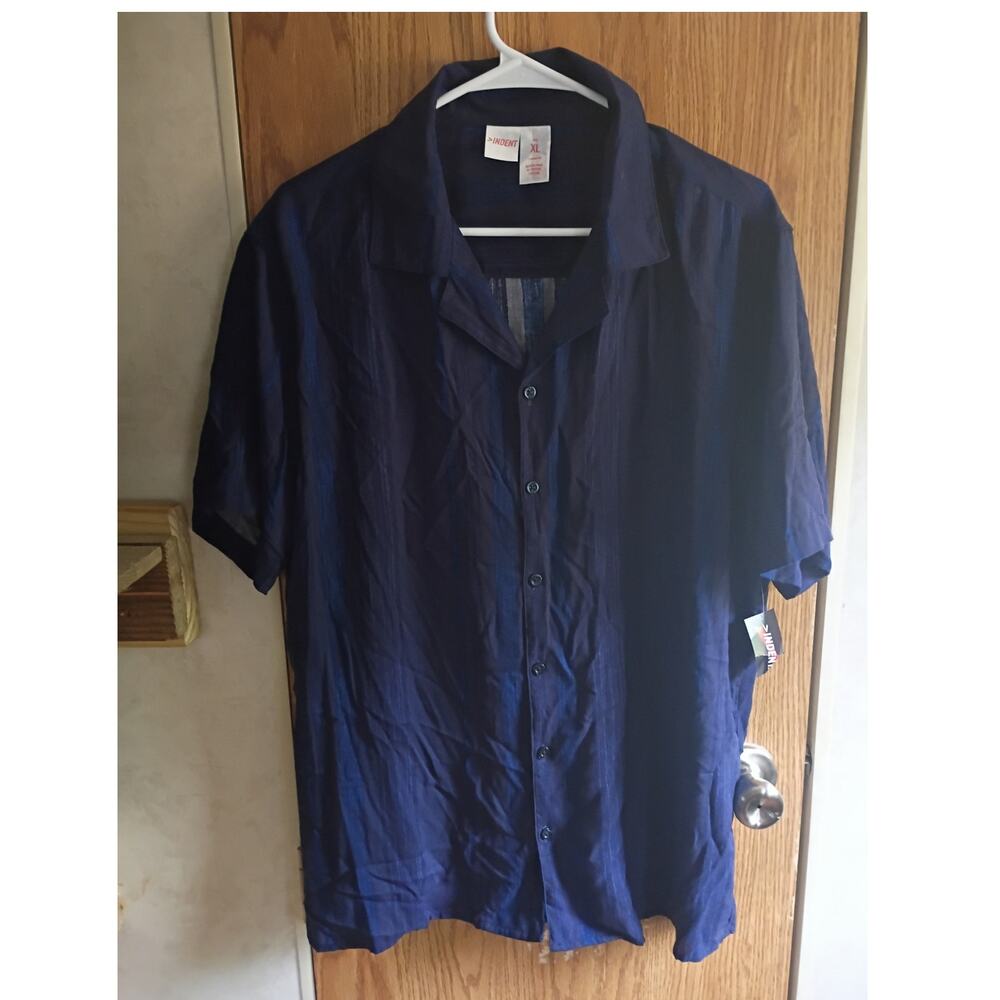 NWT Mens XL Navy Blue Rayon Jacquard Stripe Short Sleeve Camp Shirt Resort